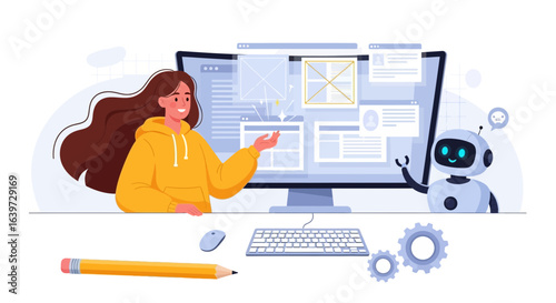 Illustrative depiction featuring web development, ai assistant, and workflow
