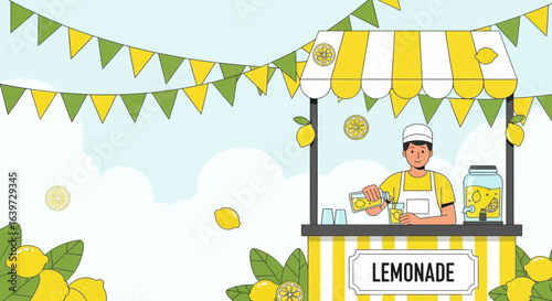 Illustration of a cheerful lemonade stand offering refreshing citrus drinks