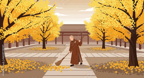 Illustrative scene of a monk sweeping leaves in a ginkgo tree courtyard