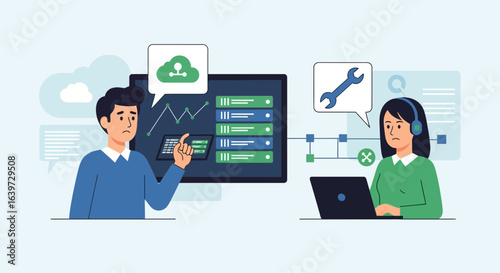 Illustration of an IT worker failing to resolve cloud system issues with support