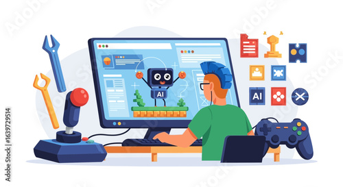 Innovative AI Game Development Illustration with Coding and Design Tools