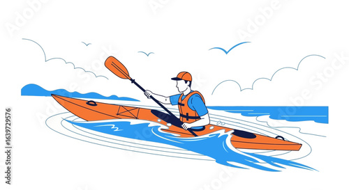 Isolated illustration showcases a kayaker paddling with scenic background
