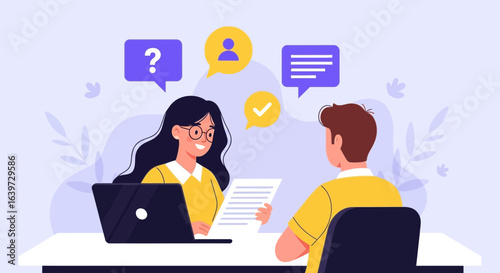 Job interview process with question marks, feedback and a check mark