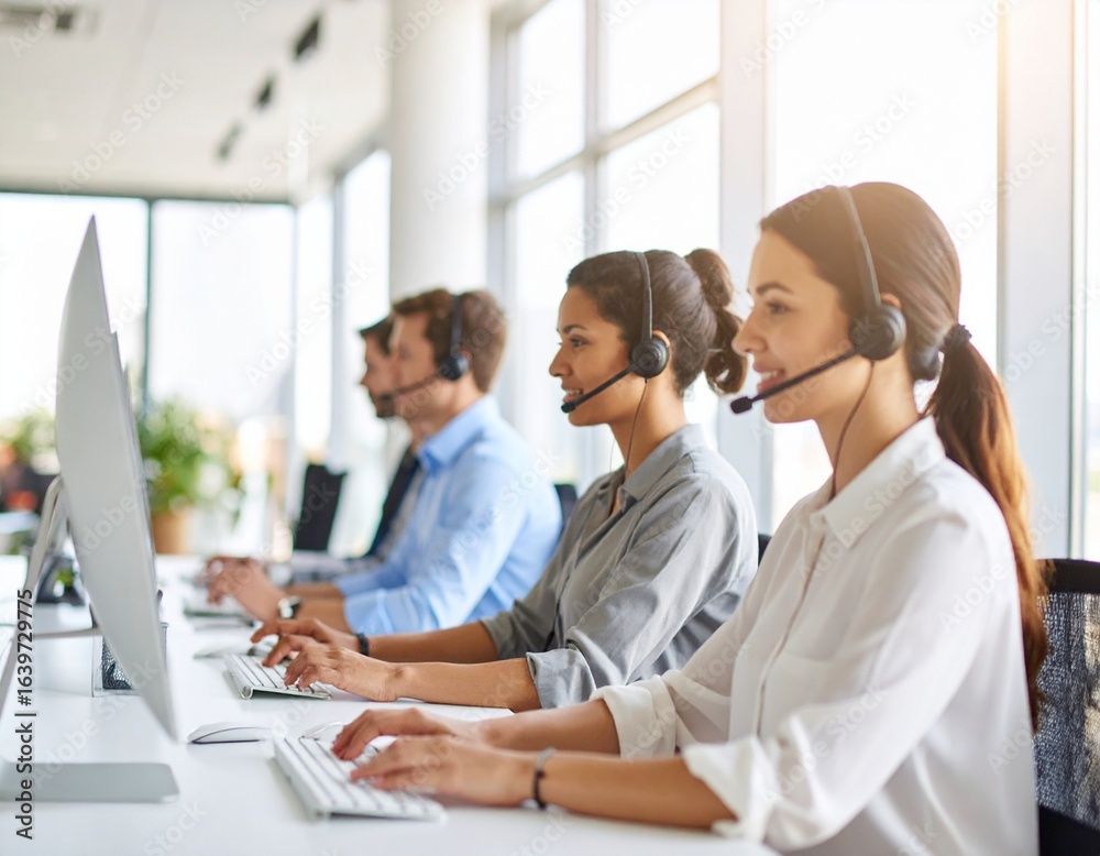 Fototapeta premium Smiling Call Center Agents Working at Computers