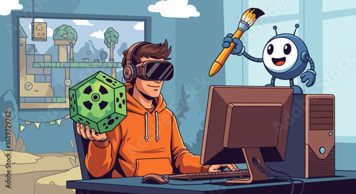 Immersed Developer crafting Metaverse Worlds with a Robot Companion