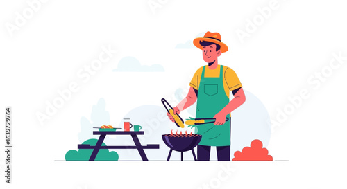 Man grilling corn on barbecue, engaging in outdoor recreational activity