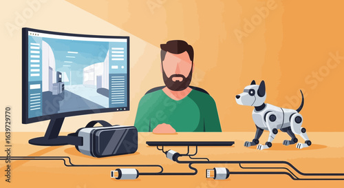 Man explores virtual spaces with VR headset accompanied by a robotic companion