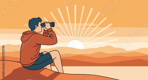 Man observing scenic vista through binoculars with sunburst background