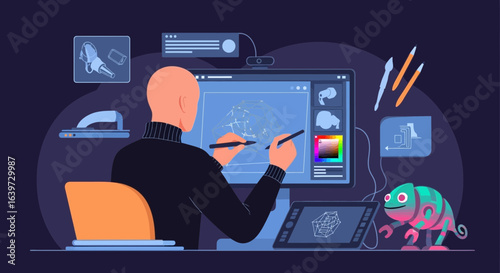Modern illustration of a digital artist crafting a virtual 3D model, meticulously