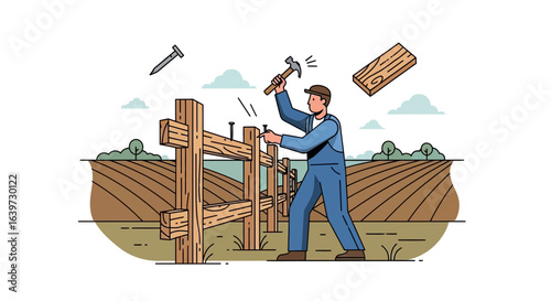 Line art illustration of a farmer building a fence on a rural property