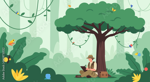 Researcher records data in nature, amidst lush tropical greenery and wildlife