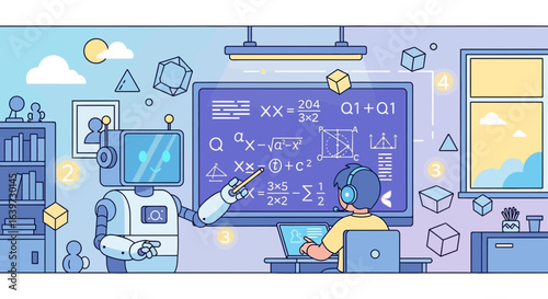 Robot tutor explaining formulas to a young student in a virtual classroom