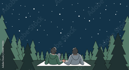 Romantic night under stars, Couple watching the starry sky in the forest