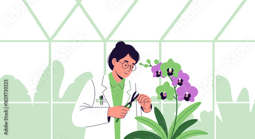 Scientist Pruning Orchid Flowers in Greenhouse, Cultivating Botanical Beauty