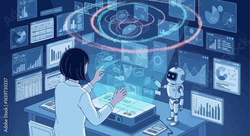 Scientist Collaborates with AI Robot on Data Analysis for Innovative Research