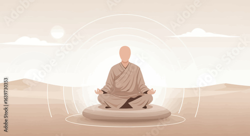 Meditative monk practicing mindfulness in a serene desert landscape
