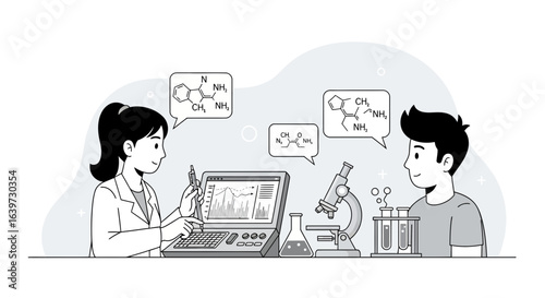 Scientists collaborating on research project focusing molecular structures