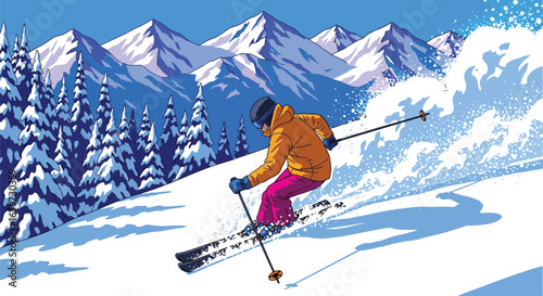 Skiing illustration winter sports in snowy mountain landscape