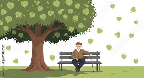 Senior man relaxing on a park bench in serene nature environment design