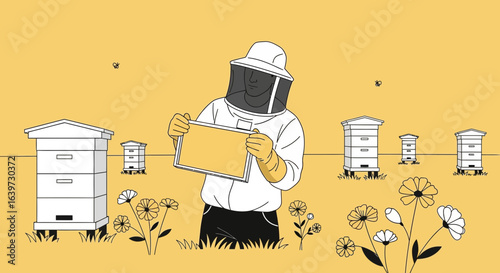 Serene apiarist showcasing honey frame in idyllic floral meadow view