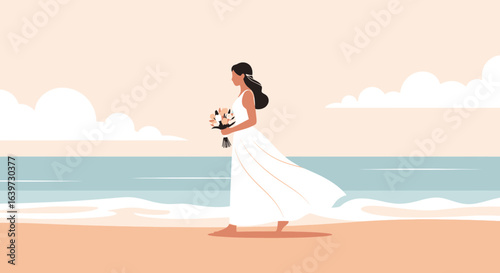 Minimalist Illustration of a Bride Walking on a Beach at Sunset, Serene Scene