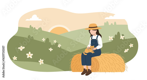 Serene rural scene of farmer girl with feline companion on hay bale