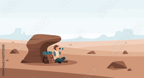 Minimalist illustration of a hiker resting in desert landscape with muted tones