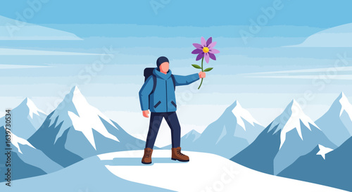 Mountaineer with a flower illustration on snow capped mountains scenery