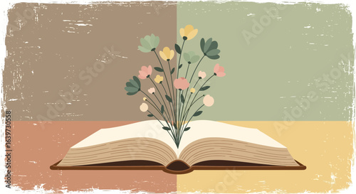 Open book with flowers sprouting, conveying growth and knowledge acquisition