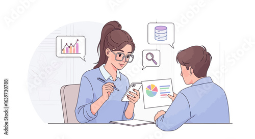Two business professionals collaborating on data analysis and strategic planning