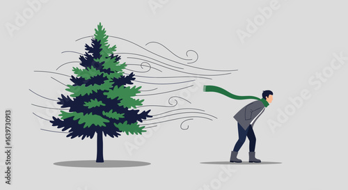 Vector illustration of a man struggling against a strong wind, facing a tree