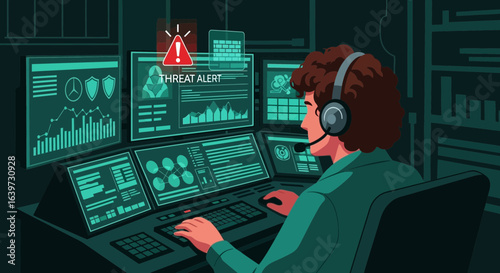 Security analyst monitoring threat alert, safeguarding network from cyber attack