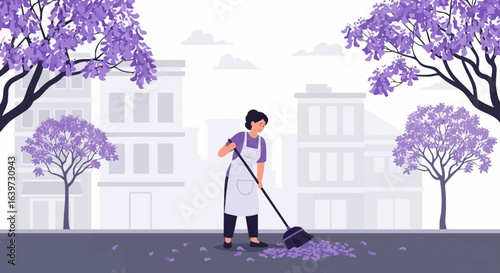 Vector Illustration of Woman Sweeping Leaves in a City with Jacaranda trees