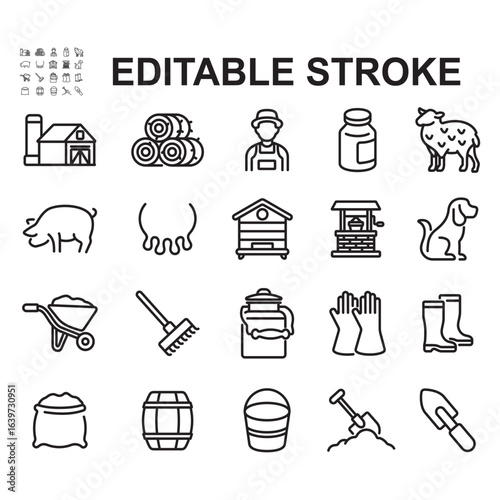 Farm icon set. Thin line vectors. Contains icons such as hay, boots, pigs, and more.