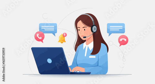 Virtual assistant with headset working on laptop resolving customer queries