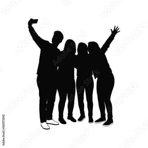 Silhouette of four friends taking a selfie group photo friendship togetherness happy people black and white vector illustration