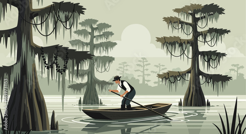 Serene Bayou Voyage: Man Rowing Boat Through Still Waters with Cypress Trees