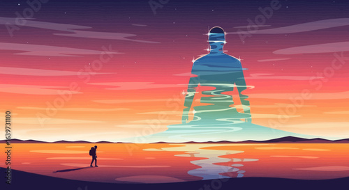 Solitary journey towards a colossal surreal figure over a tranquil sea landscape
