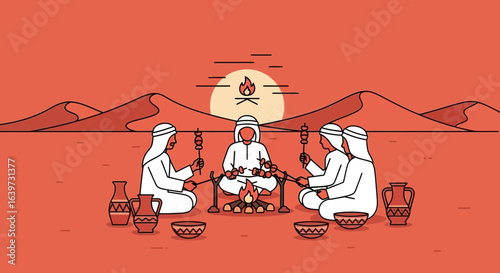 Desert Gathering: Emirati Tradition with Campfire Feast under Arrabian Sunset