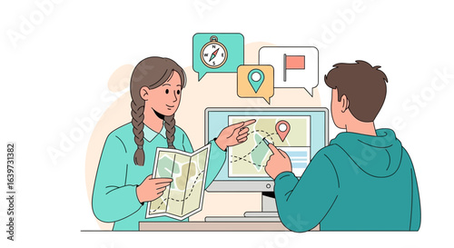 Teamwork planning road trip using map, GPS and other devices for navigation