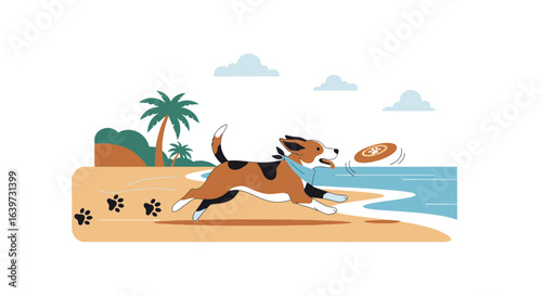 Dog's joy: A playful illustration of a frisbee chase on an island beach
