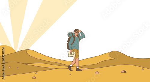 Traveler explores desert landscape, finds solace in the journey, seeking adventure