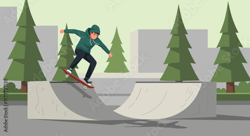 Youthful exuberance: Skateboarder executes a trick in an outdoor park setting