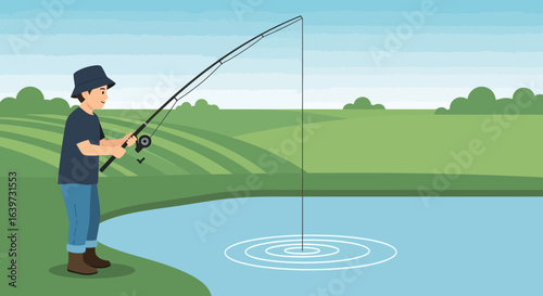 A serene day of angling: Fisherman casting into the tranquil pond water