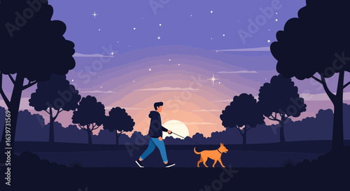 Evening stroll: A man and his dog enjoying twilight in a tranquil park