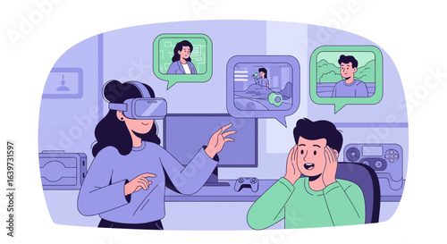 Virtual communication and networking, people using vr headsets for remote meetings