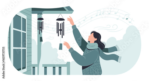 Melody of the Breeze: A woman Touching Wind Chimes on a Breezy Day