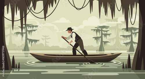 Navigating serene swamps: a solitary voyage through a tranquil landscape