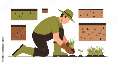 Agricultural Landscape: Gardener Planting Seedlings and Soil Profiles