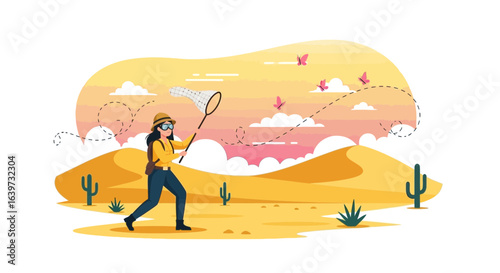 Chasing Dreams: Animated Scene of a Butterfly Enthusiast in the Desert